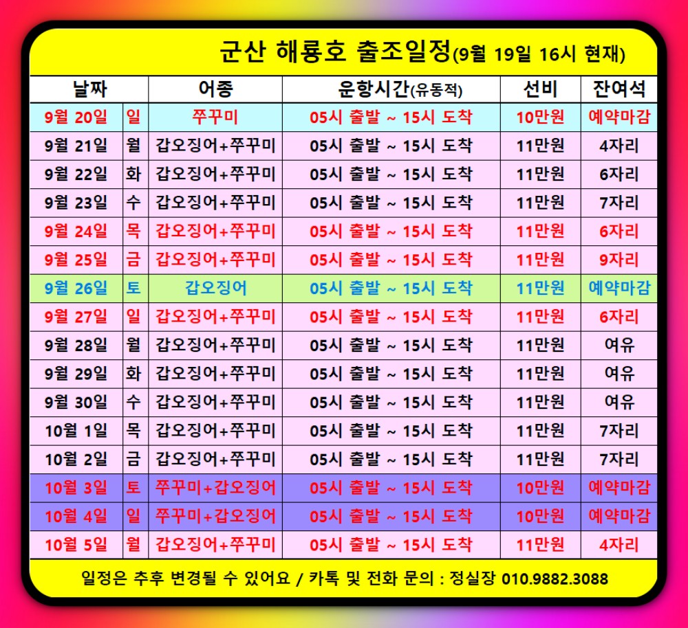 9월 19일 군산 주꾸미 선상낚시 조황 현장 사진 9