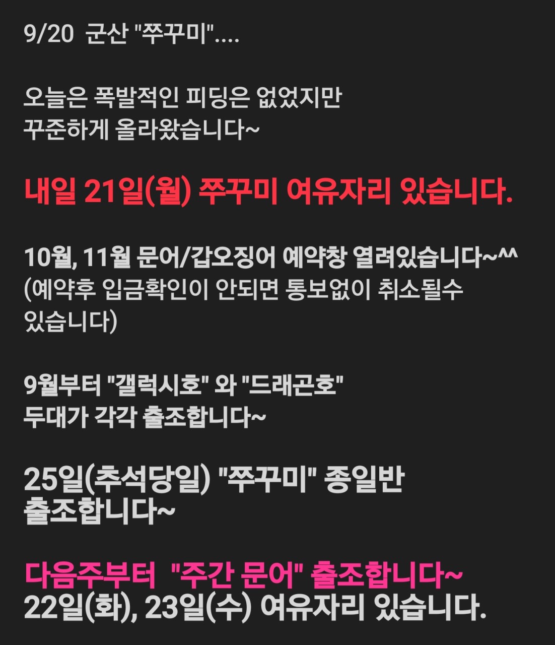 9월 20일 선상낚시 조황 현장 사진 1